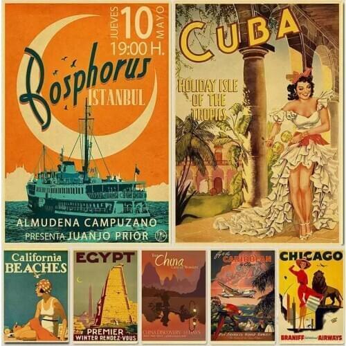Retro Travel HOLLYWOOD/CUBA Poster Retro Kraft Travel Poster Decorative Wall Sticker Home Bar Decoration Kid Gift Home Art