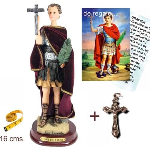 Figure San expedite 16 cms. Hand painted, with robe fabric velvet type. Gift a pendant home Cross and estampa De San Expe
