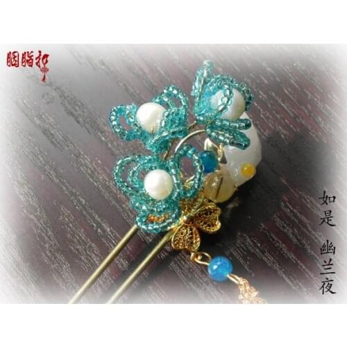 Jade pearl wire inlay copper jade fish handmade hair stick classical hanfu accessory vintage original handmade hair stick