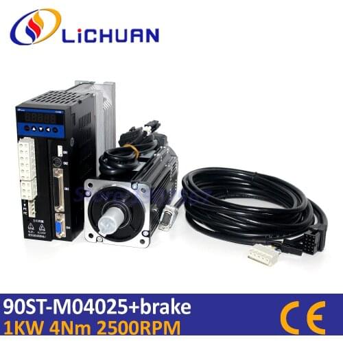 AC servo motor and drive system 1000W 90ST-M04025 2500rpm 4N.m 566oz.in servo motor with brake 3m cable servo kit for lathe CNC