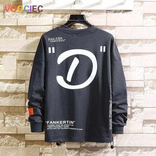 VOOCIEC 2020 Spring Oversized Japanese Streetwear Hip Hop Sweatshirts Male Black Hoodie Mens Crewneck Sweatshirt Men