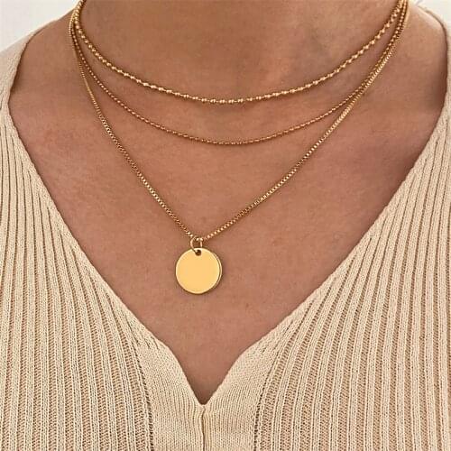 Vintage Multi-layer Simple Necklace Round Pendant Coin Fashion Portrait Chunky Chain Choker Necklaces Jewelry for Women