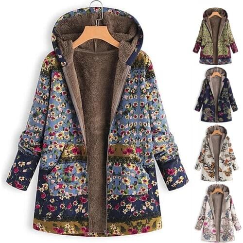 Womens Casual Outwear Plus Size Womens Coat Winter Warm Outwear Floral Print Hooded Pockets Vintage Oversize Female Coats