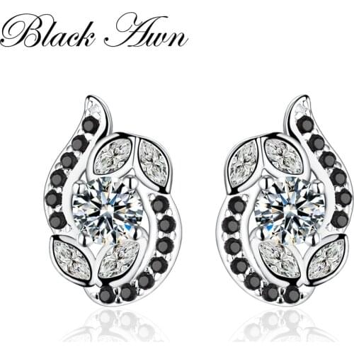 SODROV 100% Genuine 925 Sterling Silver Topaz Jewelry Black&White Stone Cute Engagement Stud Earrings for Women T138