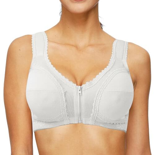 YANDW Plus Size Womens Bras Transparent Back Lace Bralette Floral Underwear Wireless Unpadded Zippers Front Full Cup Bra Sexy