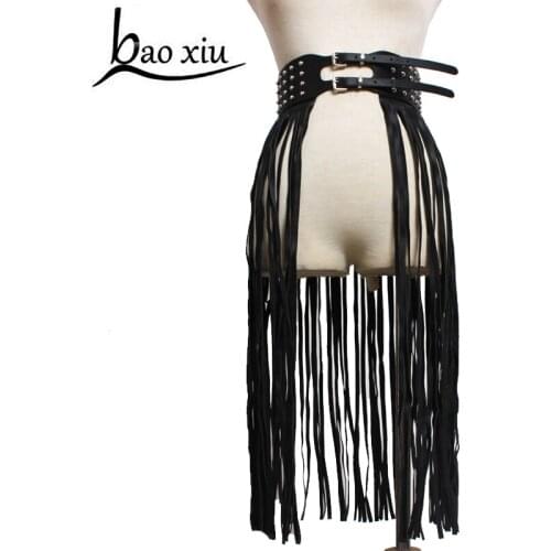 2019 New Fashion Punk black long fringed belt Women Faux Leather Tassel waist Rivet Gold strap weave double buckle Dress Belt