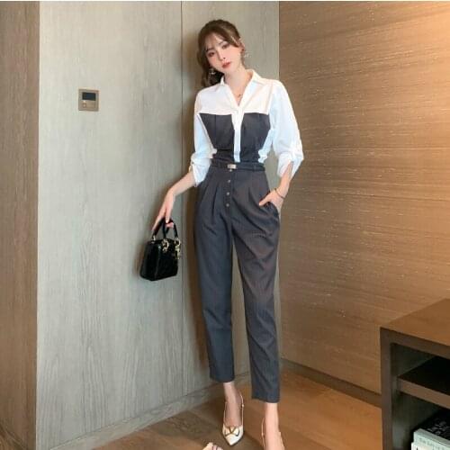 Womens Fall Two Piece Set New Arrival 2020 Retro Striped Blouse and Slim Pants Ladies OL Office Work 2 Piece Set Autumn Winter