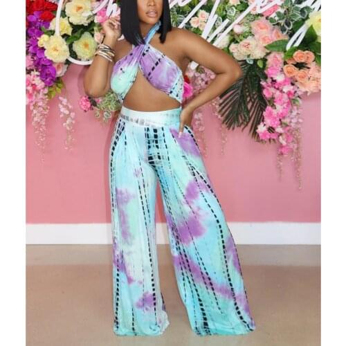 Women Sexy Two-piece Clothes Set Tie-dyed Printed Sleeveless Crop Tops Vest + Loose Wide Leg Pants Plus Size XXL 2021 New Style