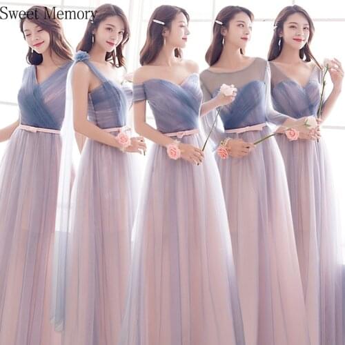 Sweet Memory Pink Blue Gray Tulle Bridesmaid Dresses Fashion Women A-Line Long Vestidos Lady Lace Up Formal Wedding Party Dress