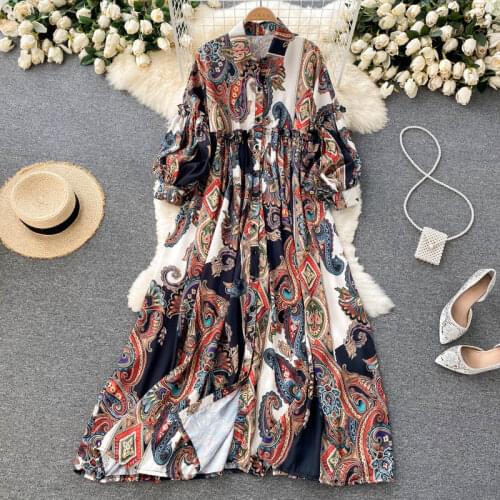 SINGREINY Women Design Print Maxi Dress Retro Turndown-Collar Button A-line Dresses Autumn Boho Casual Loose Holiday Long Dress