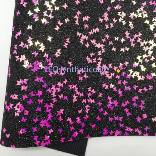 1PC 21X29CM Black Glitter Fabric with Pink Butterfly Glitter Leather Sheets For Making Bows LEOsyntheticoDIY 8S70C
