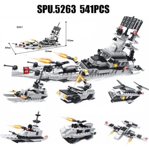 6116 541pcs 6in1 Military Destroyer Armoured Car Helicopter Fighter Ship Building Block Toy