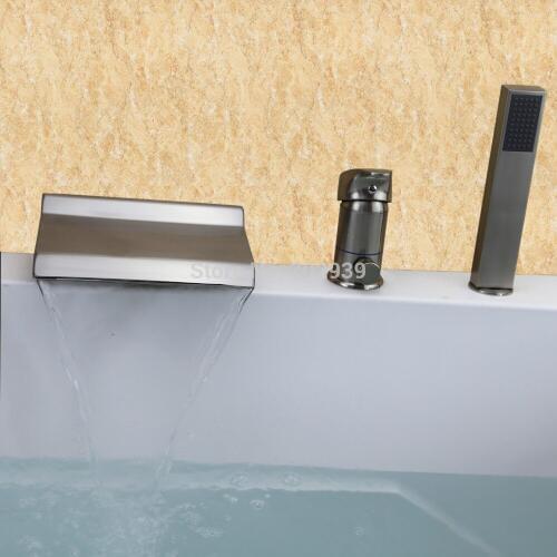 Free ship Brushed Nickel 3 pieces widespread Waterfall Bathroom Bath Roman Tub Filler Faucet W/ Hand Shower