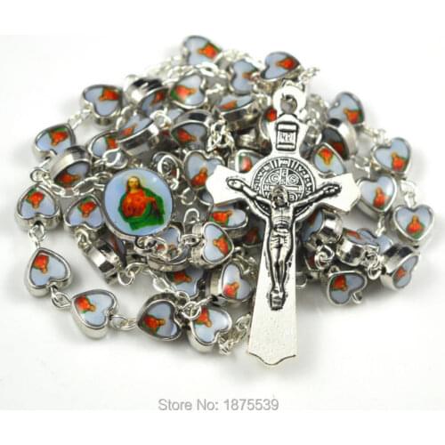 Jesus heart alloy bead rosary necklace with same picture rosary centerpiece and benedict cross