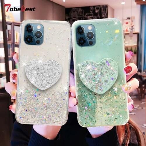 Bling Glitter Heart Love Phone holder Case For iphone 12 mini 11 Pro XS Max XR X 8 7 6 6S Plus SE 2020 Silicone Cover Coque