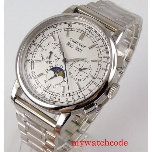 Corgeut 42mm Automatic Men Watches Month Week Year Moon Phase Function Stainless Steel Band