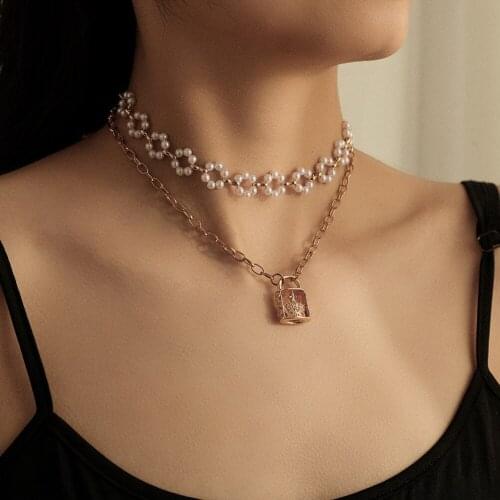 Retro Double-layer Necklace Embossed Lock Pendant Necklace Personality Pearl Compass Bee Crown Necklace Fashion Jewelry Women