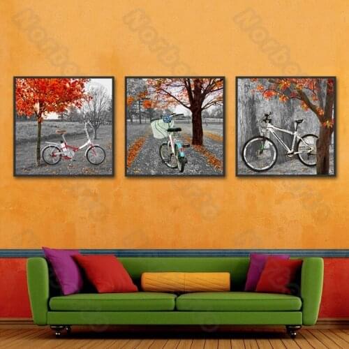 Nostalgic Style Canvas Painting Wall Poster Painting Red Maples and Bicyles for Living Room Bedroom Sofa Background Decoration