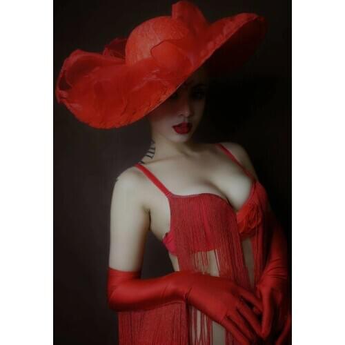 Red Tassels Bikini Big Hat Party Sexy Stage Outfit Christmas Female Nightclub Costume Bar DJ Singer Performance Bra Shorts