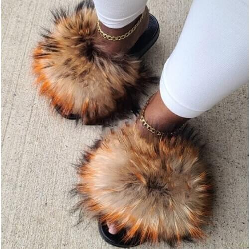 Womens Winter Fox Fur Slippers Non-slip Fluffy Plush Shoes Womens Fur Slides Female Fur Flip-flop Home Furry Fur Sandals 36-45