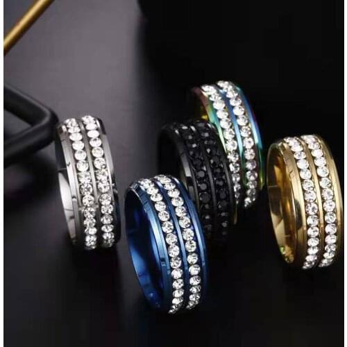Fashion Personalized Gift Jewelry Ring Double Row Zircon 8mm Wide Titanium Steel Diamond Ladies Ring 2021 Trend New Party Gift