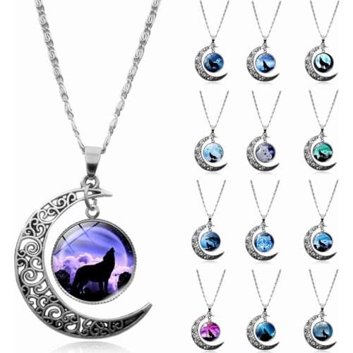 Fashion Crescent Moon Pendant Necklace Hollow Wolf Glass Cabochon Chain Necklace Women Friend Gift