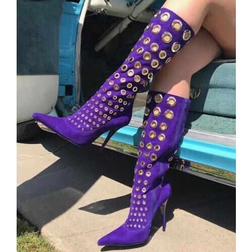 Moraima Snc Fashion Purple Suede Woman Boots Pointed toe Knee High Boots Thin Heels Hole Decorations Long Boots