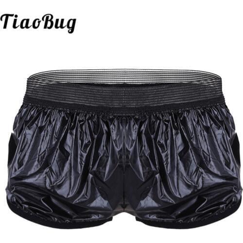 TiaoBug Mens Fashion Swimsuit Shorts Lightweight Faux Leather Boxer Trunk Wet Look Lounge Sexy Men Casual Short Pants