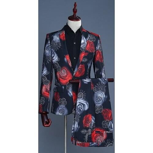 Mens Banquet Printed Bridegroom Dress Suit Straight Single Breasted Regular Chinese Style Red Blue Mens Suits