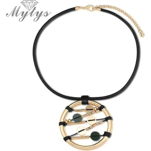 Mytys Black Leather Rope Necklace Handcrafted Big Circle Pendant Necklace For Women New Design Fashion Punk Jewelry CN369