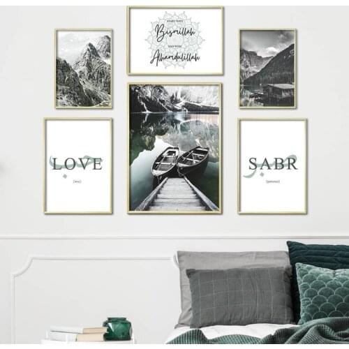 Canvas Art Painting Print Nordic Wall Art Picture Home Decor Lake Hut Boat Alpine Scenery Quote Islamic Calligraphy Poster