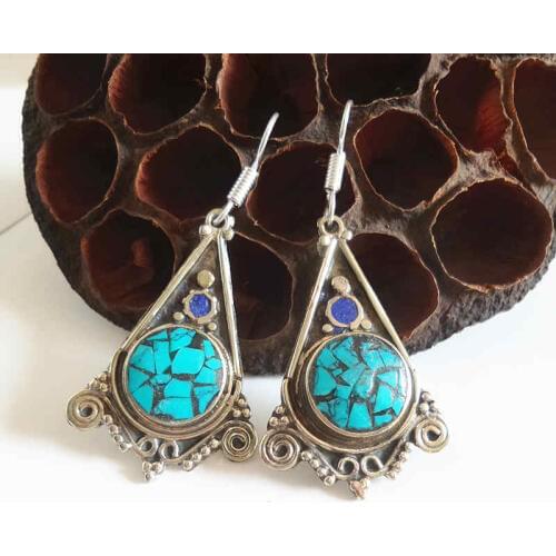 Nepal Hand Jewelry Tibetan Ethnic Earrings Copper Inlaid Turquoises Vintage Wings Ear Ring E102