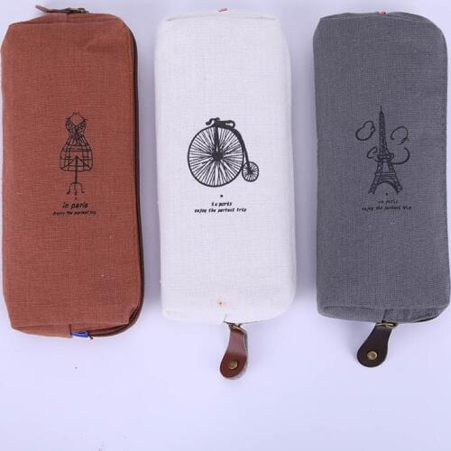 1 PC Simple Style Retro Solid color with pattern Linen Pencil Bag Students Paris Style Pencil Cases Stationery Office Supplies