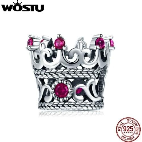 WOSTU Genuine 925 Sterling Silver Romantic Princess Crown Dangle Charms fit Silver Bracelet Necklace DIY Jewelry Making FIC739