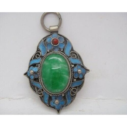 Chinese Handwork Tibet-silver Inlay Old Green Jade Cloisonne Blue Flower Pendant