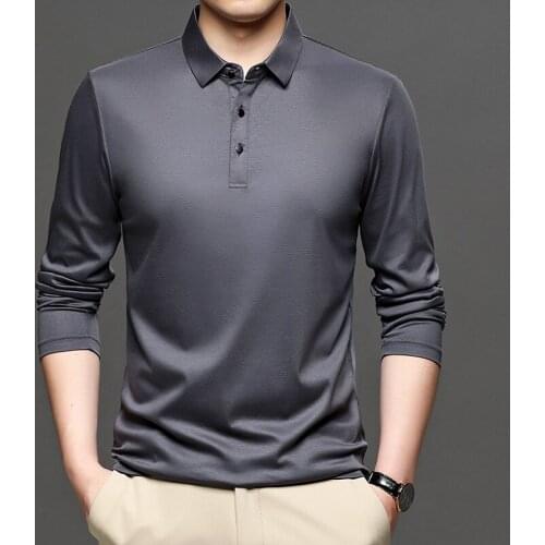 Mercerized cotton long sleeve polo shirt, gray polo shirt, mens brand buttons, autumn quality tight T-shirt