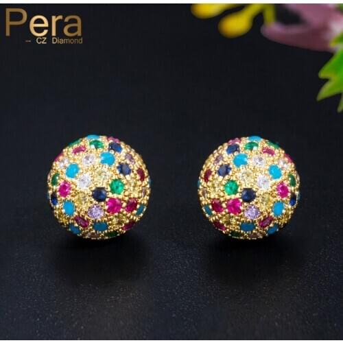 Pera Delicate Multi Rainbow Ball African Cubic Zirconia Yellow Gold Cute Stud Earring for Ladies New Trendy Earing Jewelry E564