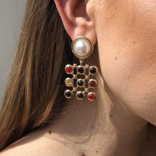 Baroque Palace Pearl Square Creative Color Crystal Pendant Earrings for Women Exaggerated Geometric Ladies Banquet Jewelry Gifts