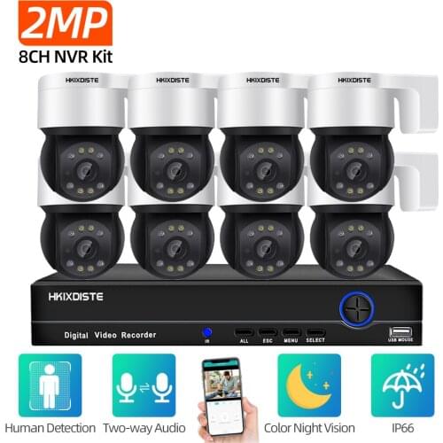 HKIXDISTE Security Camera System 8CH 2MP POE NVR Kit PTZ Camera 2 Way Audio Human Detection Outdoor P2P Video Surveillance Set