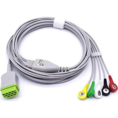 Compatible for GE Dash PRO 1000, PRO 2000,Solar 9500 5-lead with lead wires,IEC snap, 11 pin,One Piece 5 Leads ECG EKG Cable