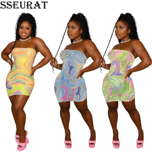 SSEURAT Women Mini Dress Print Sleeveless Strapless Stretchy Bodycon Dresses Sexy Fashion Party Vestidos Summer