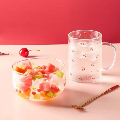 Cherry Printed Glass Water Drinking Cup Salad Bowl Heatproof Student Girl Milk Coffee Oatmeal Glass Cup Bowl Juice Beer Mug