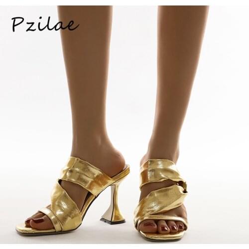 Pzilae New Gold Black Shoes Women Summer Slippers Fashion Pleated Women Sandals Spike Heels Party Pumps Zapatos De Mujer Size 41