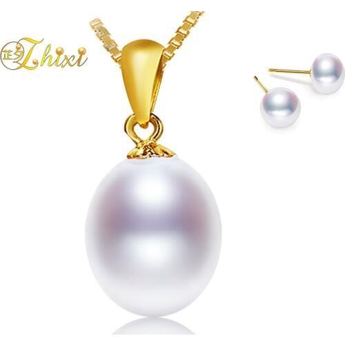 ZHIXI 18K Yellow Gold Necklace Pendant Natural Freshwater White 10-11mm Drop Pearl Anniversary Party Gift Women Jewelry BoxT2511