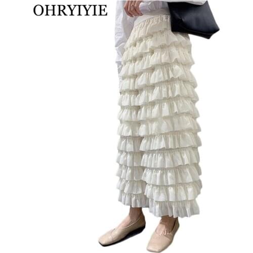 OHRYIYIE 2021 New Splice Chiffon Skirt Women Long Sweet Solid Color Cake Skirt Female White Beige High Waist Party Skirts Lady