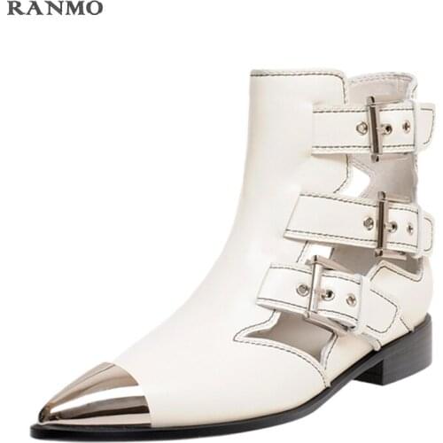 2020 spring autumn New black genuine leather Punk boots woman metal head flat sandals women pointed toe buckle strap rivet boots