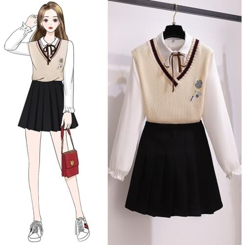 2021 Womens 3pcs Suit Student Style Kit Long Sleeve Blouse+ Knitted Vest+ Mini Skirt Spring Outfits Female Three Piece Sets