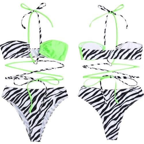 2 Pieces Female Bathing Suit, Women’ s Zebra Stripes Strappy Bikini Top+ Bikini Panties, S/M/L