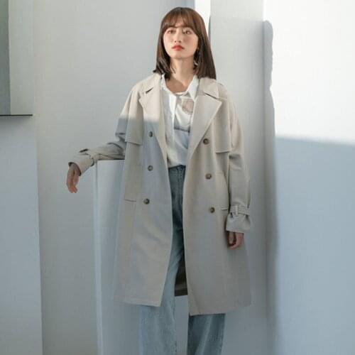 Womens France Vintage elegant trench coat Long Sleeve Simple Loose Outwear with belt Chic Female windbreaker