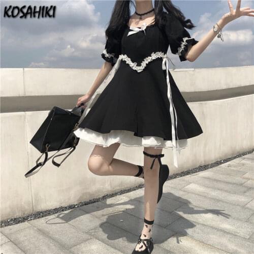 KOSAHIKI Kawaii Japanese Lolita Dress Women Black Harajuku Gothic Dresses Women Lace Ruffle Bandage Robe Cosplay Vestidos